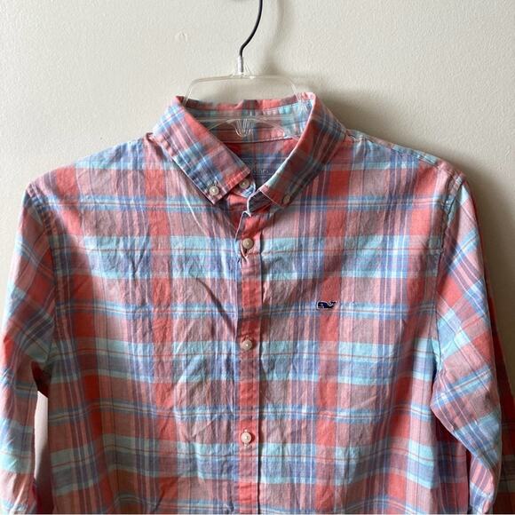 Vineyard Vines Boys XL Plaid Stretch Shirt Peach Blue - Picture 3 of 9